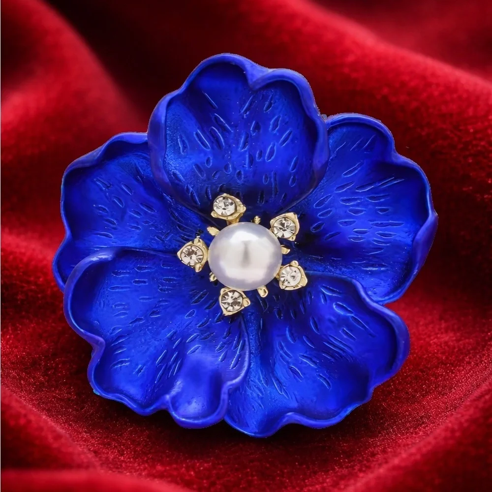 Royal Blue Floral Blossom Pearl Crystal Brooch
